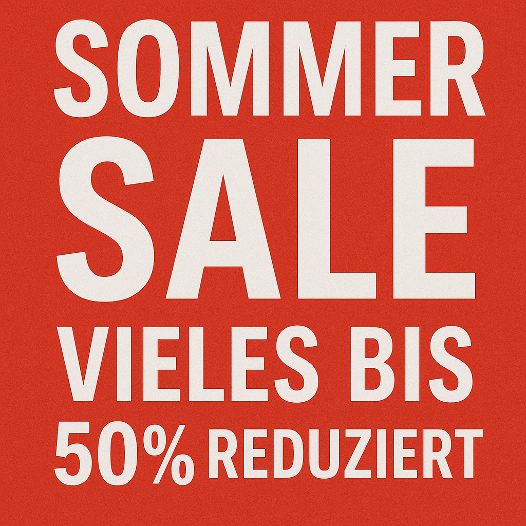 Roter Hintergrund mit großem weißen Text: "Sommer Sale, vieles bis 50% reduziert".