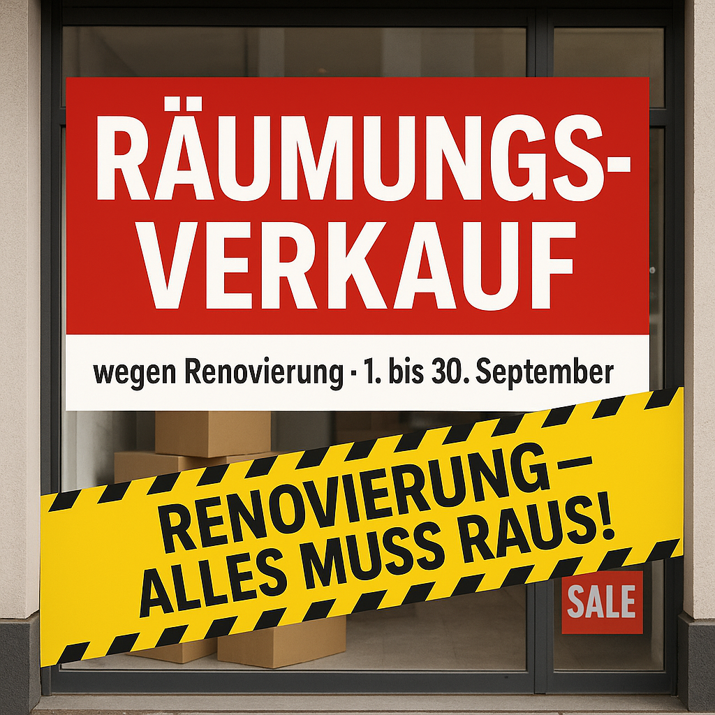 Schaufenster mit roten und gelben Schildern für einen Räumungsverkauf.