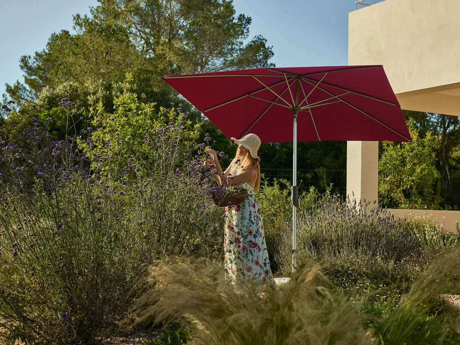 Eine lächelnde Frau im Blumenmusterkleid pflückt Lavendel unter einem roten Sonnenschirm