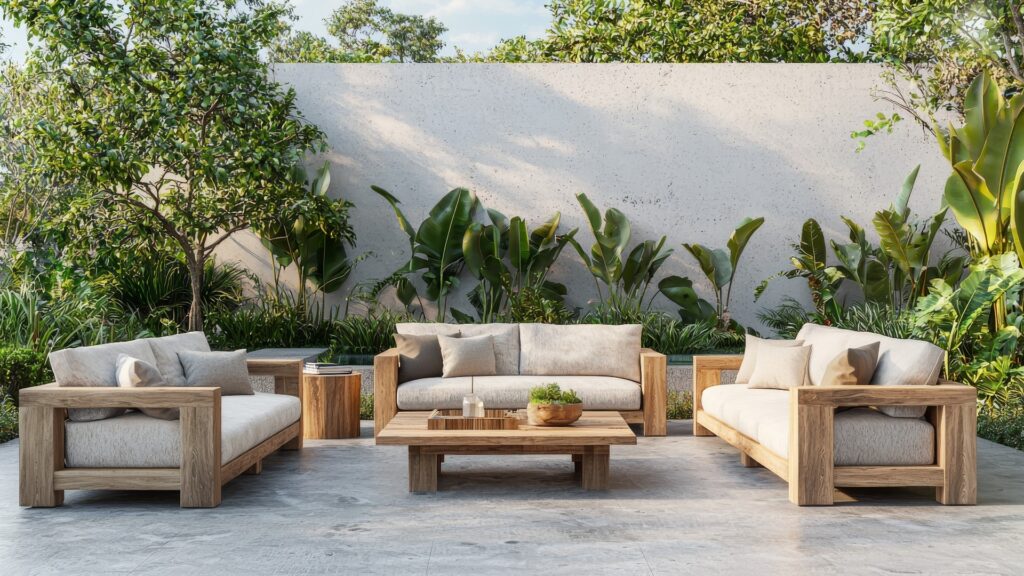 Ein modernes Wohnzimmer-Set für den Außenbereich mit Holztisch, Terrassenmöbeln, Gartendekoration und Sommer-Entspannungskonzept, dargestellt in einer 3D-Illustration.