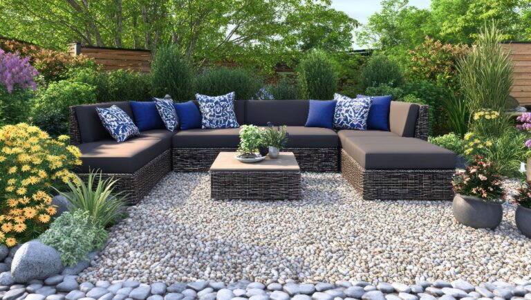 Oase im Freien: Luxuriöse Terrassenmöbel inmitten einer üppigen Gartenlandschaft zum Entspannen